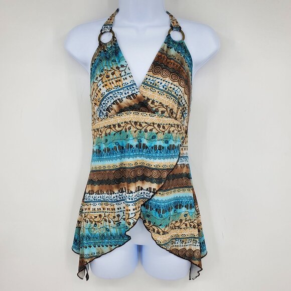 Vintage Can't Miss Y2K Brown Chic Blue Halter Neck Handkerchief Hem Boho Shirt S - Picture 1 of 7